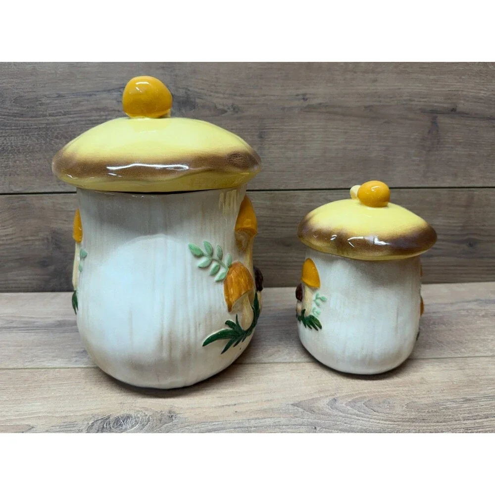 Vintage MCM Ceramic Mushroom Canister Set w/ Lids Retro 1970s Kitchen